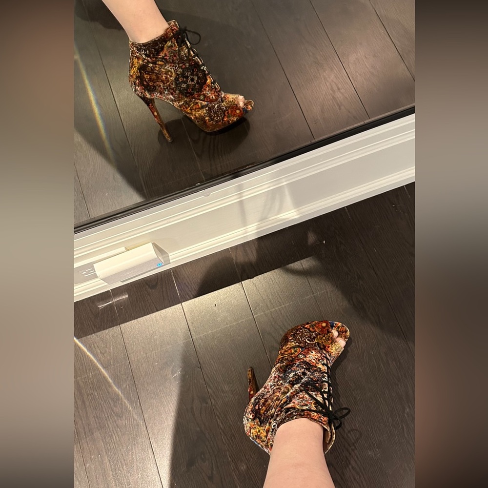 Floral velvet lace up peep toe booties